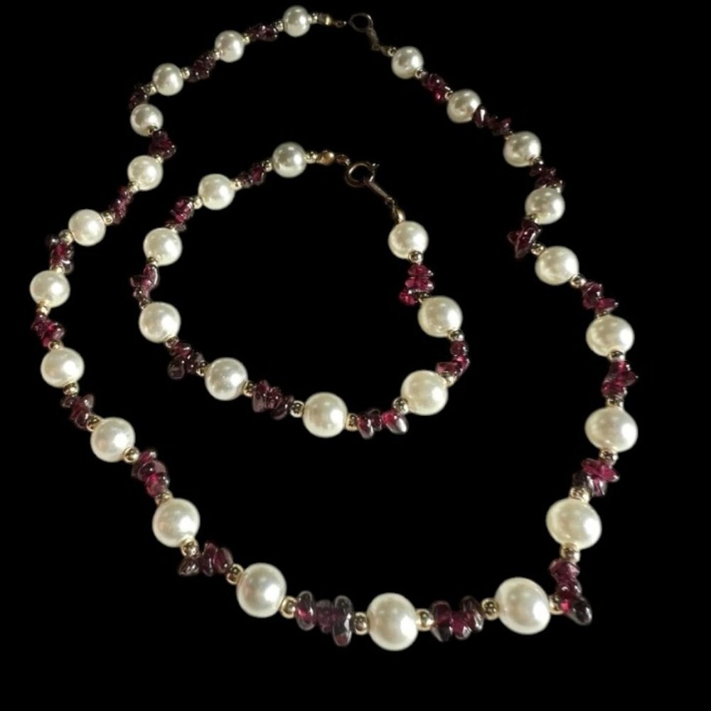 Yves Rocher Real Garnet and Faux Pearl Necklace and Bracelet